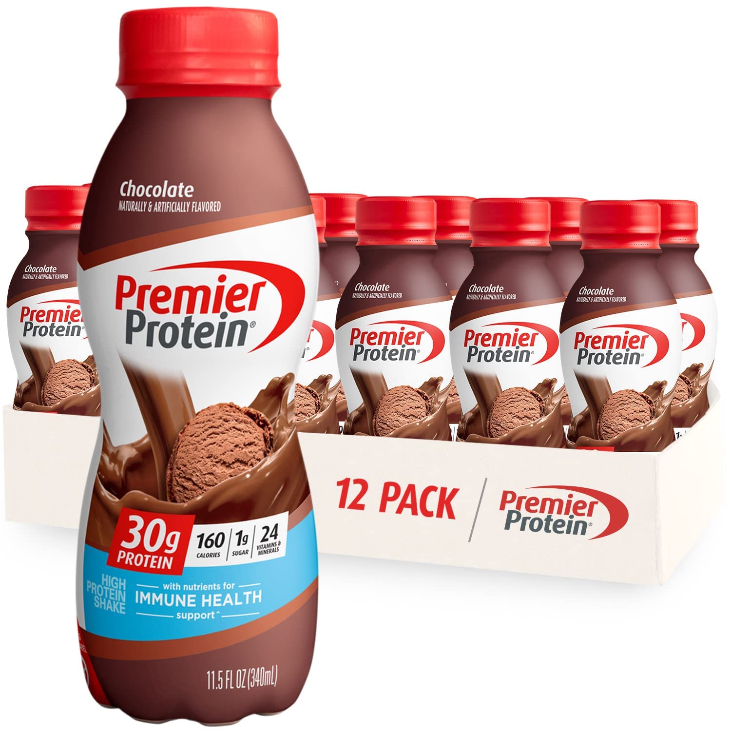  Premier Protein Shake, Chocolate, 30g Protein 1g Sugar 24 Vitamins Minerals Nutrients To Support Immune Health, 11.5 Fl Oz (Pack Of 12)